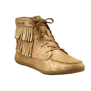 Sperry Topsider Iridescent Gold Moccasin Booties Lace Up Front - Size 6